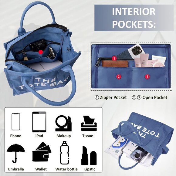 Women Blue Personalized Canvas Crossbody Tote Bags with Zipper Mini Top-Handle - Picture 5 of 7